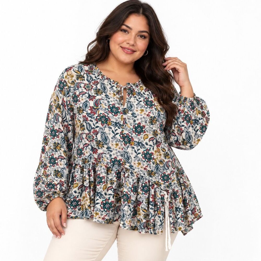 Women’s XXL 20 Winter White Floral Boho Peplum Top Tie Neck Viscose